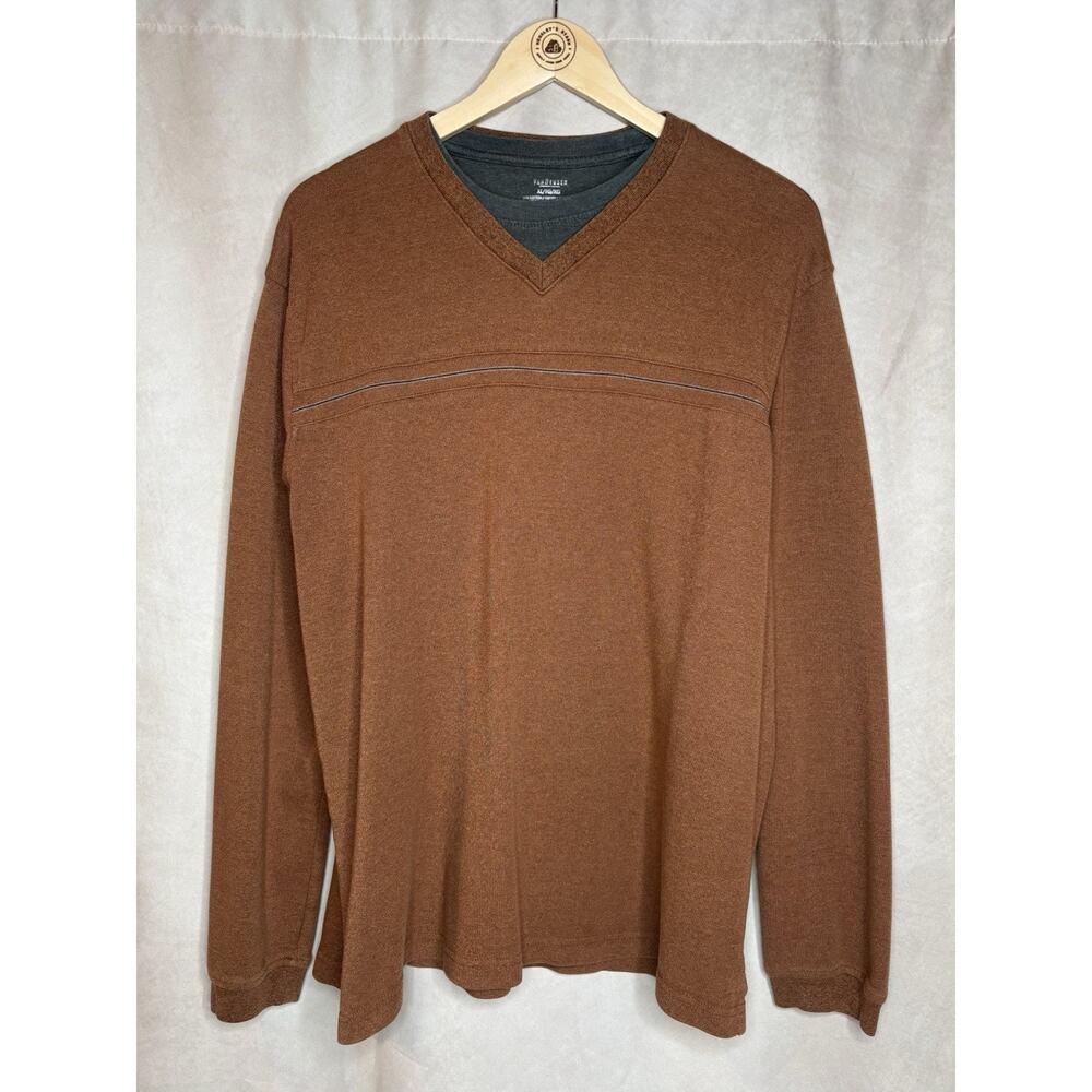 Van Heusen Men’s V Neck Sweater Brown Orange Layered Look Long Sleeve XL Casual